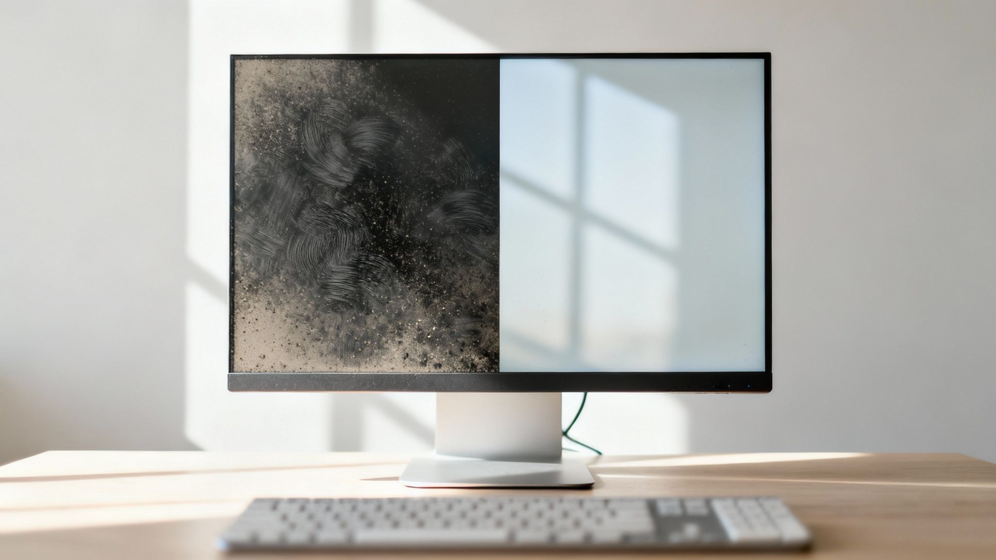 A computer monitor with a dirty left half and a sparkling clean right half on a desk.
