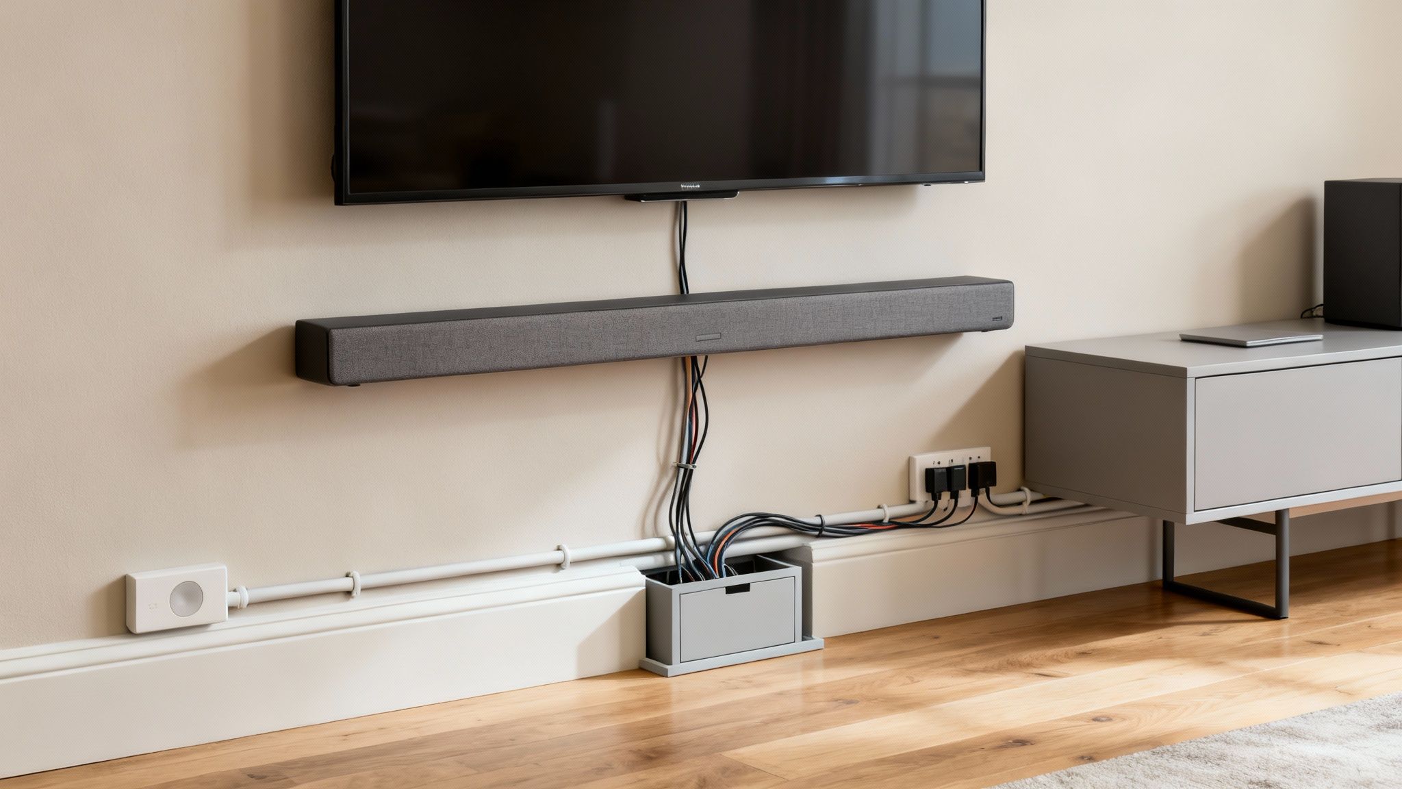 A wall-mounted TV and soundbar with meticulously organized cables flowing into a neat cable management box.