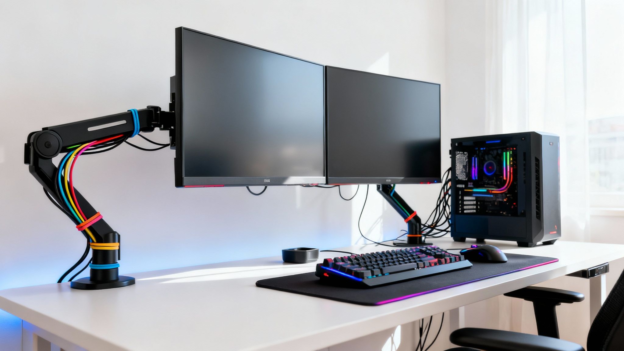 A modern desk setup with dual monitors, gaming PC, keyboard, and mouse, showcasing colorful cable management.