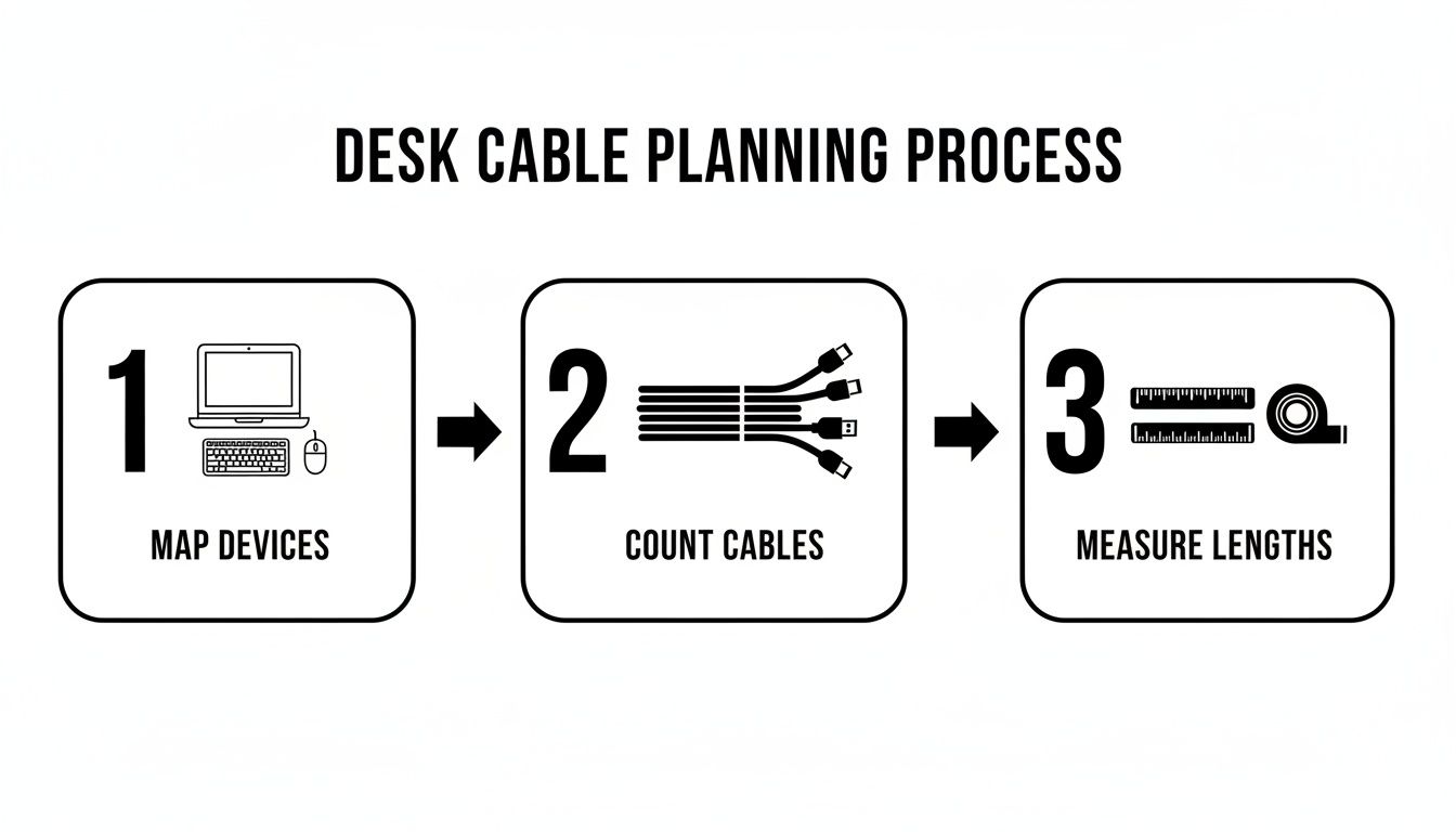 A three-step visual guide for desk cable planning: map devices, count cables, and measure lengths.