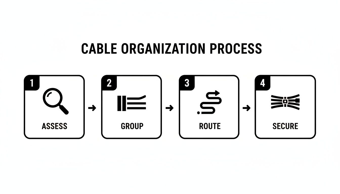 A four-step infographic illustrating the cable organization process: Assess, Group, Route, Secure.