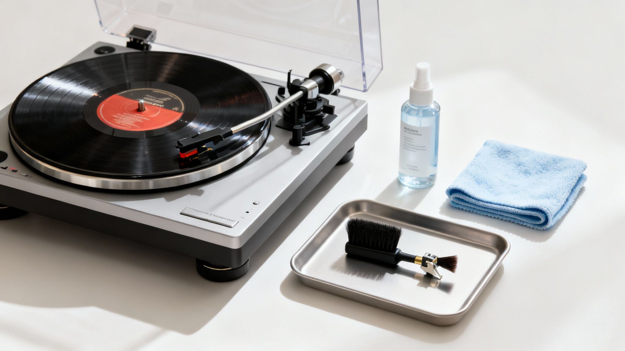 Turntable with vinyl record, cleaning spray, microfiber cloth, and stylus brush on a white table.