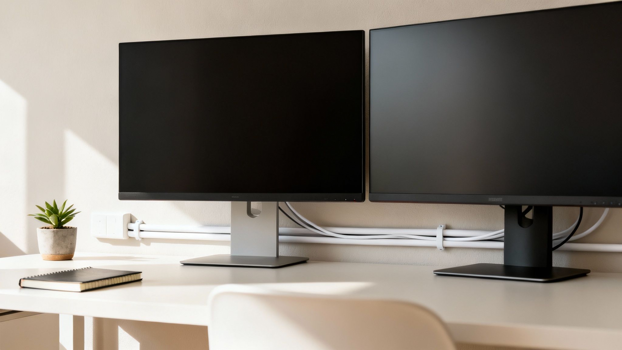 A bright, organized home office desk with two monitors and neatly managed cables.