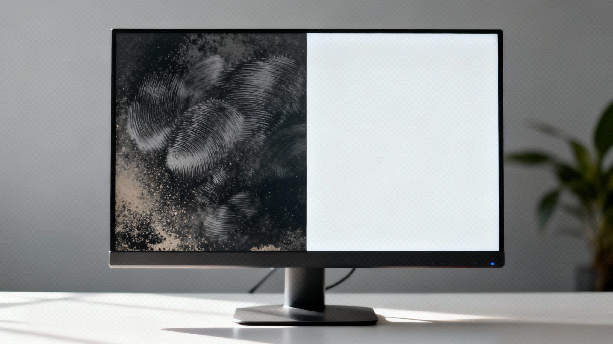 A computer monitor displaying a screen half-dirty with smudges and half-clean and white.