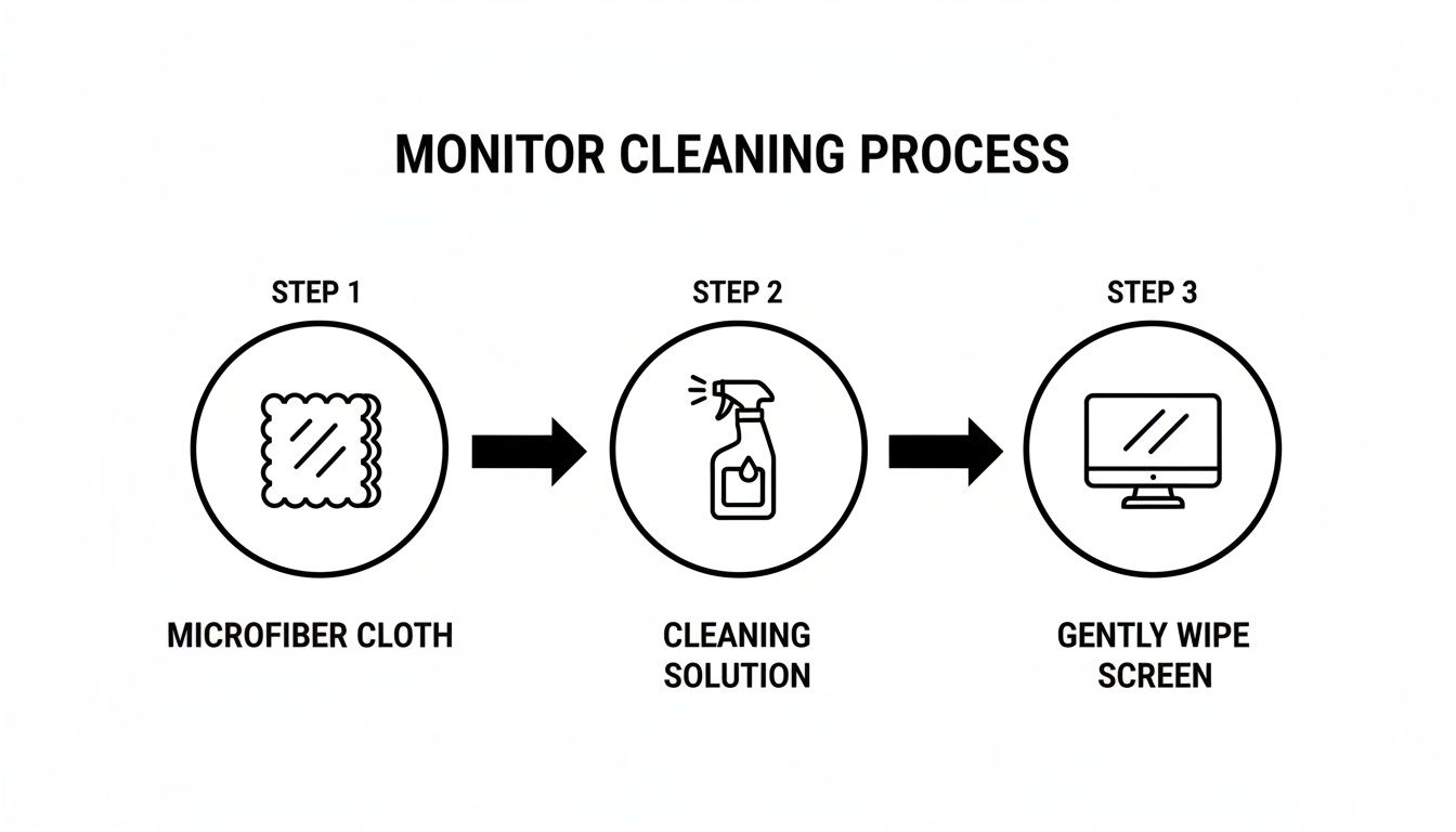 Visual guide illustrating three steps to clean a monitor: microfiber cloth, cleaning solution, and wiping.