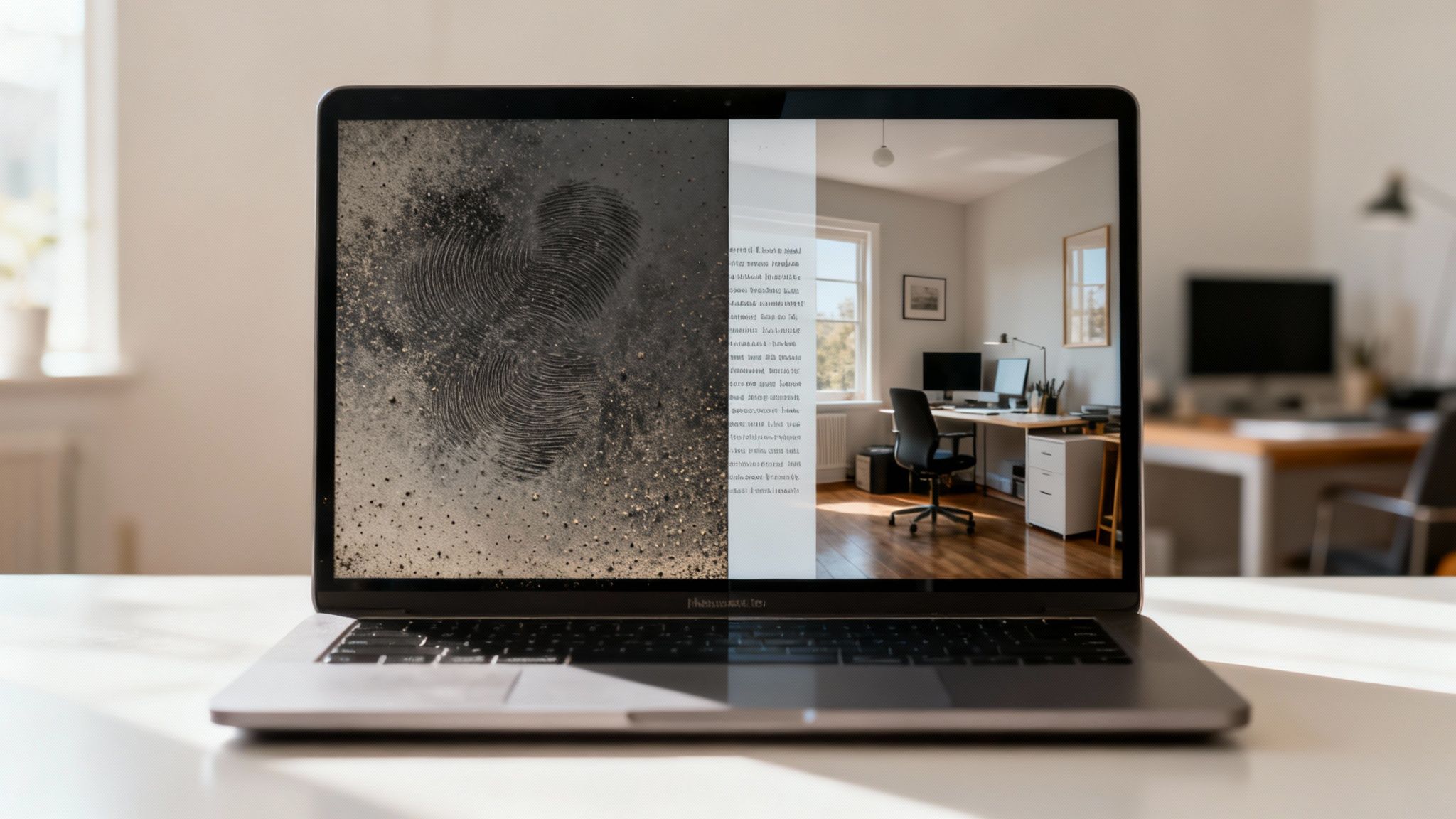 Silver laptop on a desk, displaying an abstract fingerprint design and a modern home office workspace.