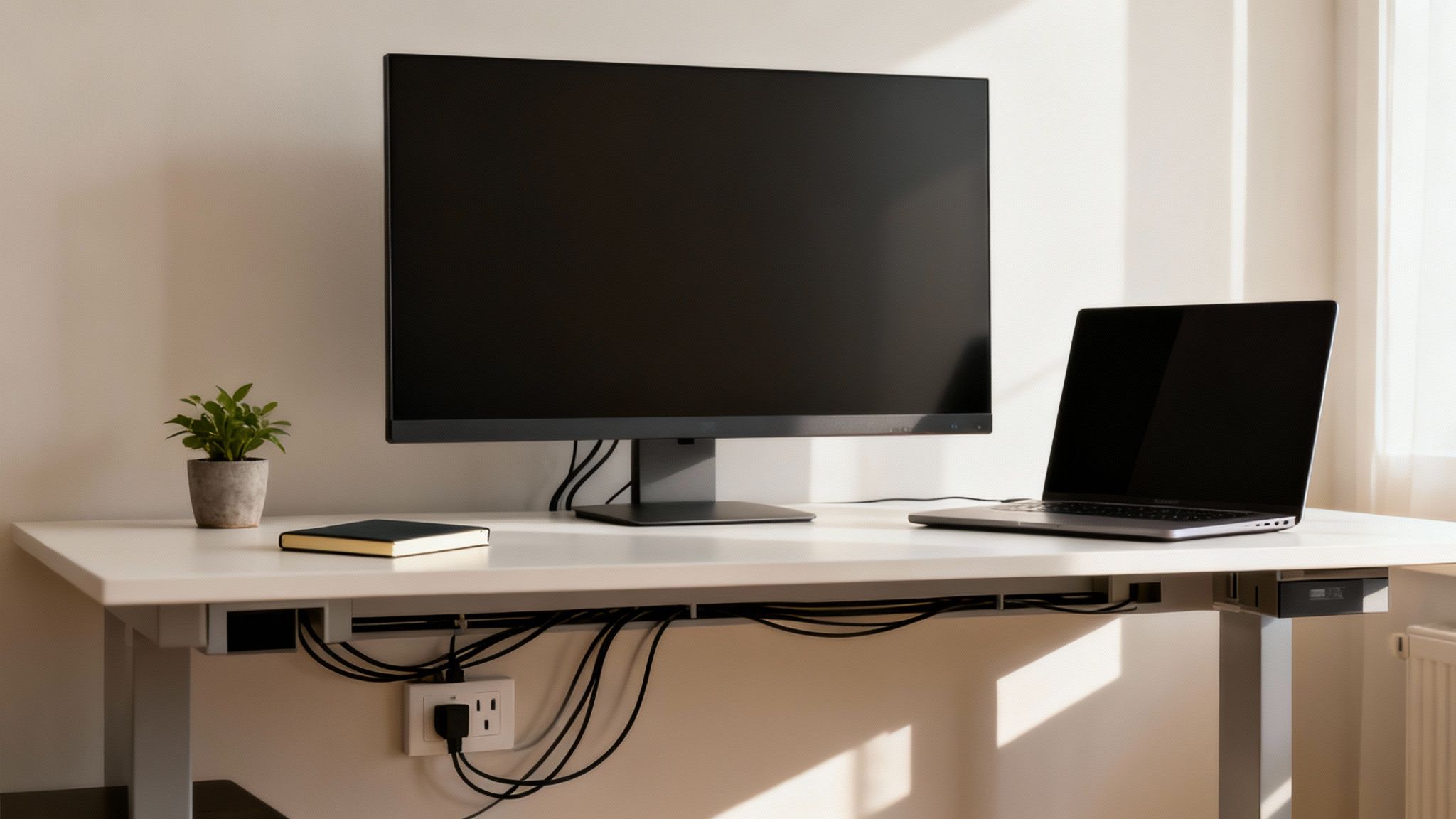 Modern home office workspace featuring a large monitor, laptop, and organized cables below.