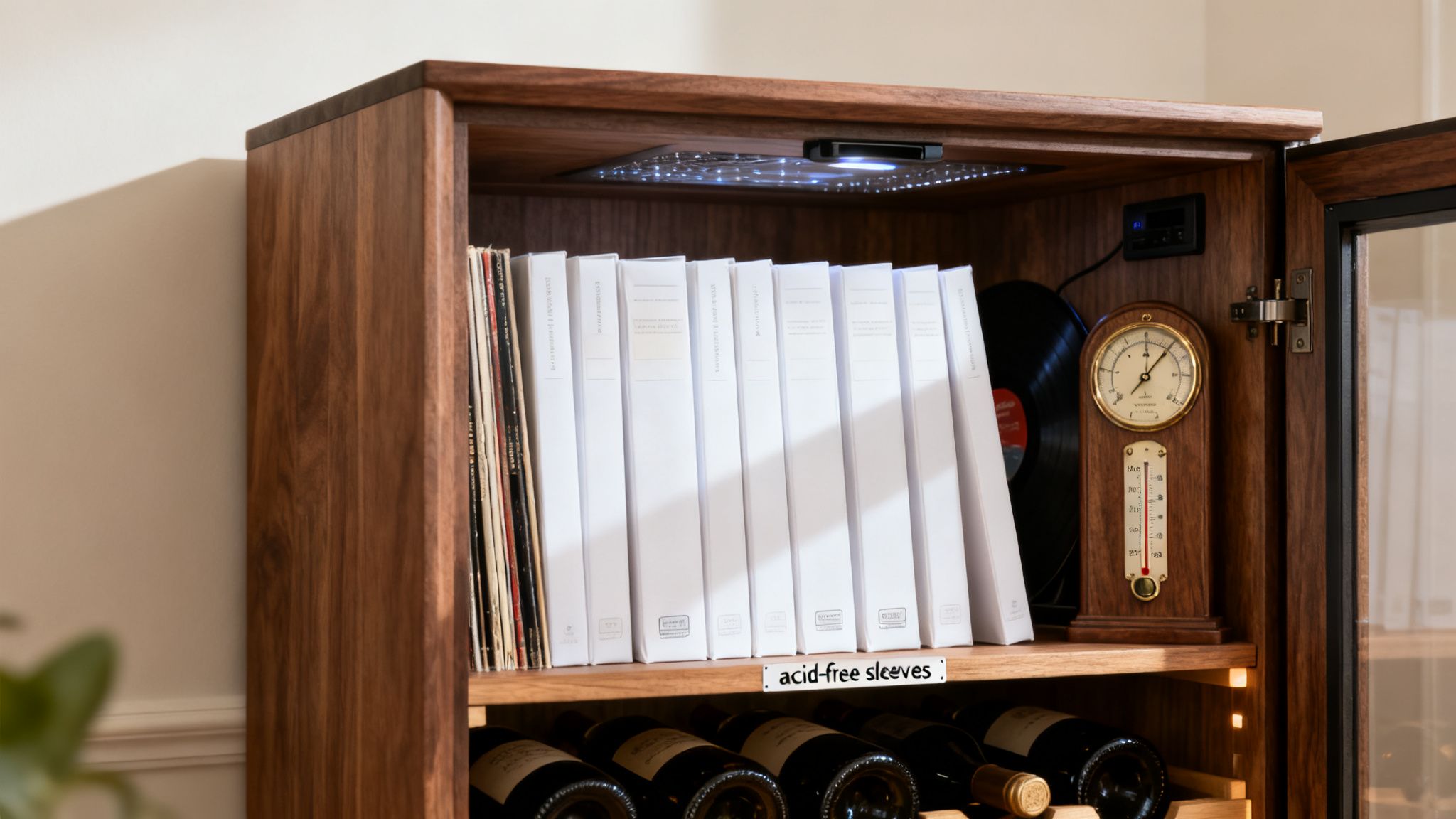 A stylish wooden cabinet displaying neatly organized vinyl records in white acid-free sleeves and wine bottles.