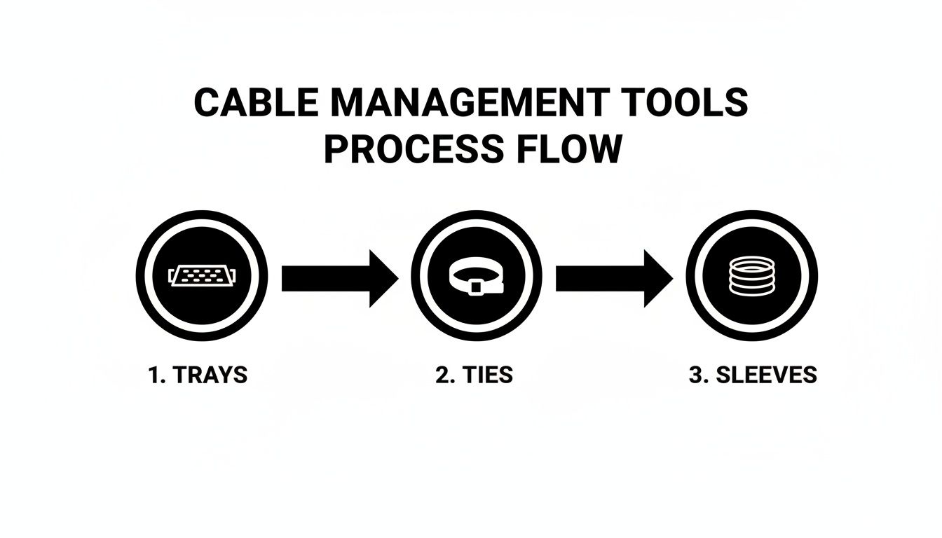 Cable management tools process flow diagram showing steps: trays, ties, and sleeves.