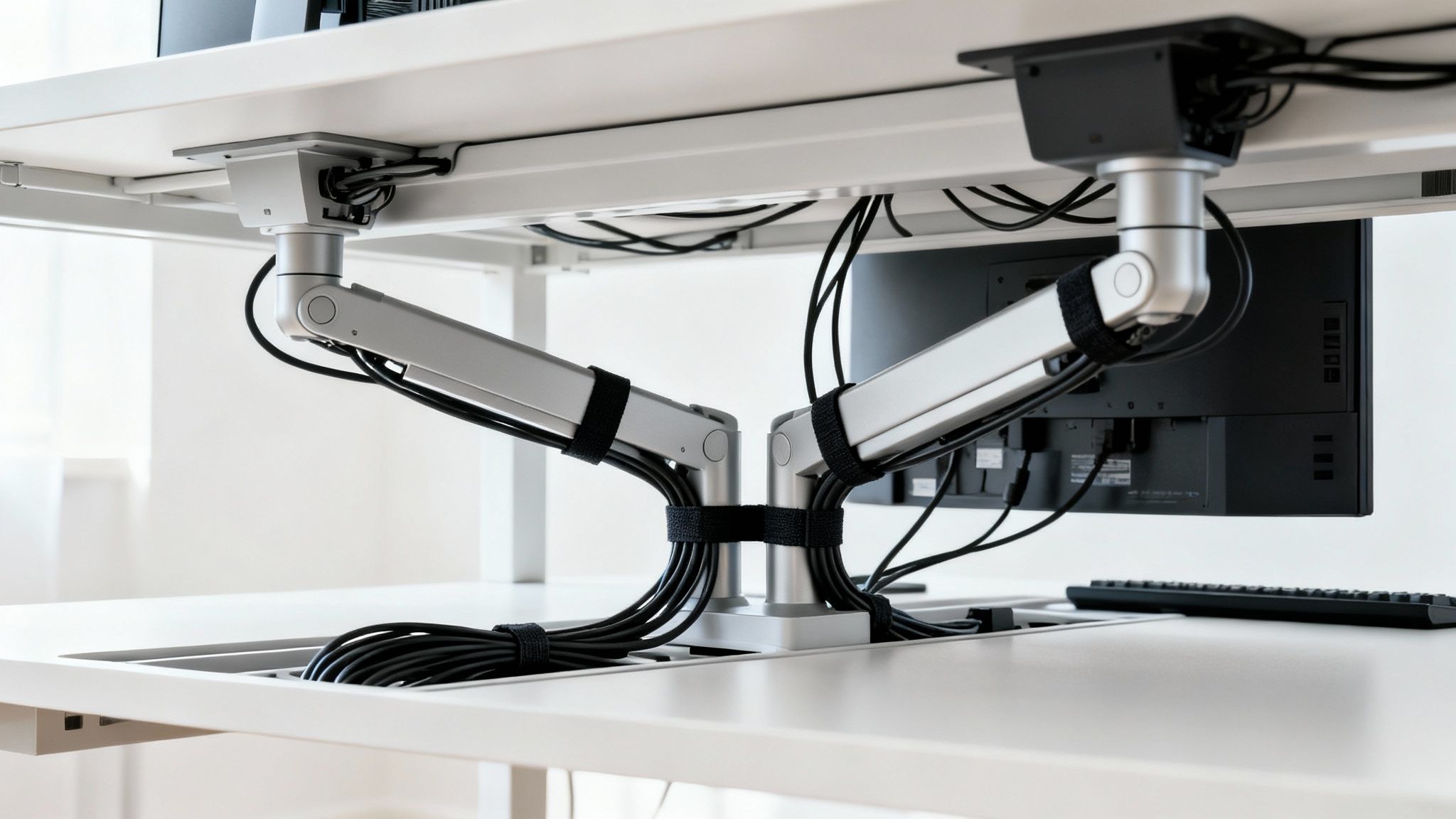 Dual monitor arms extend from under a clean white desk, showcasing organized cables and power connections.