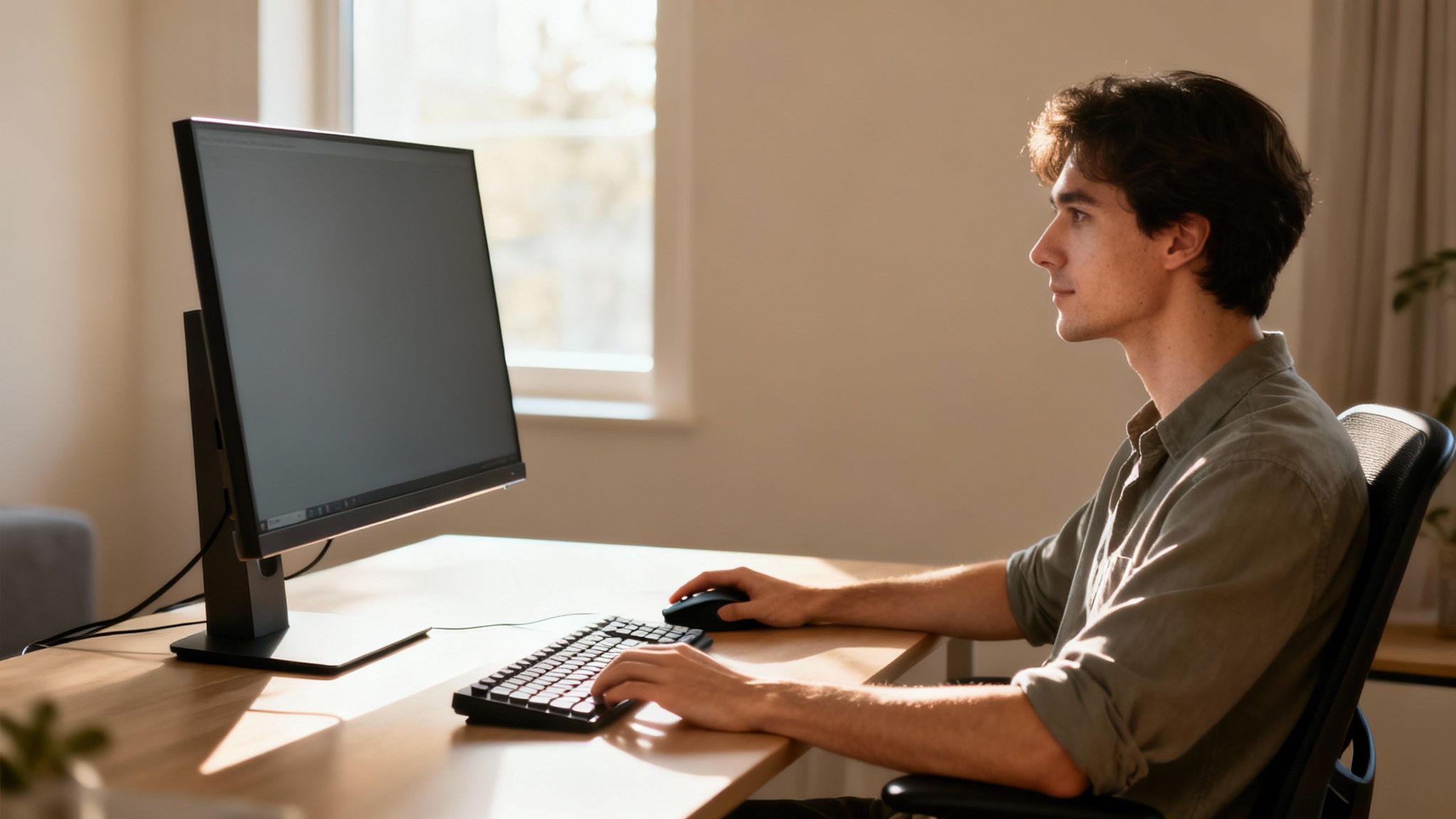 A young man intently uses a desktop computer setup in a brightly lit room.