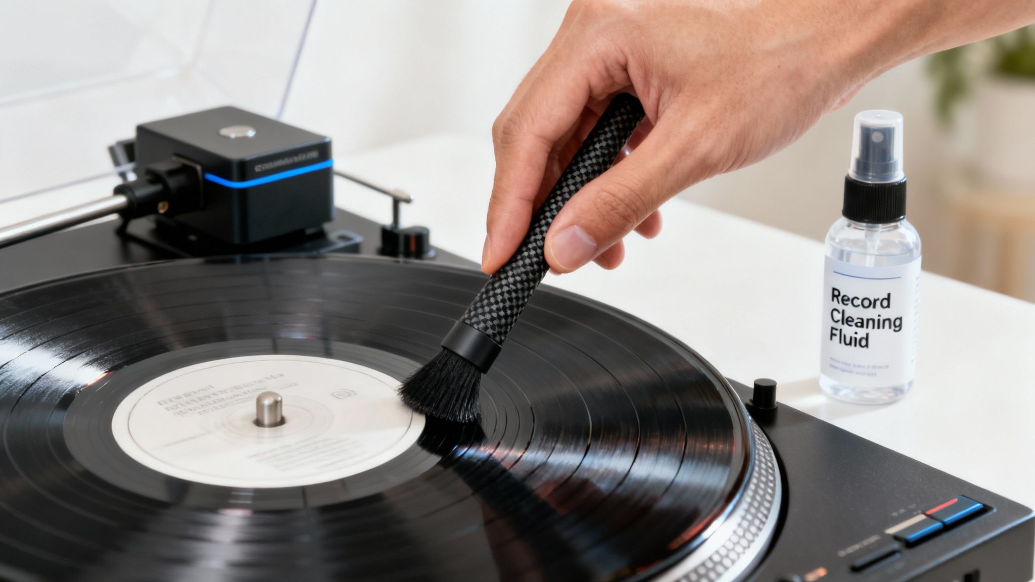 A person's hand cleaning a spinning vinyl record on a turntable with a brush and cleaning fluid.