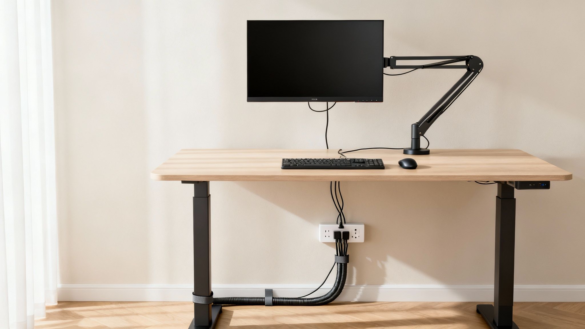 A clean, modern home office setup with a standing desk, monitor, and organized cables.