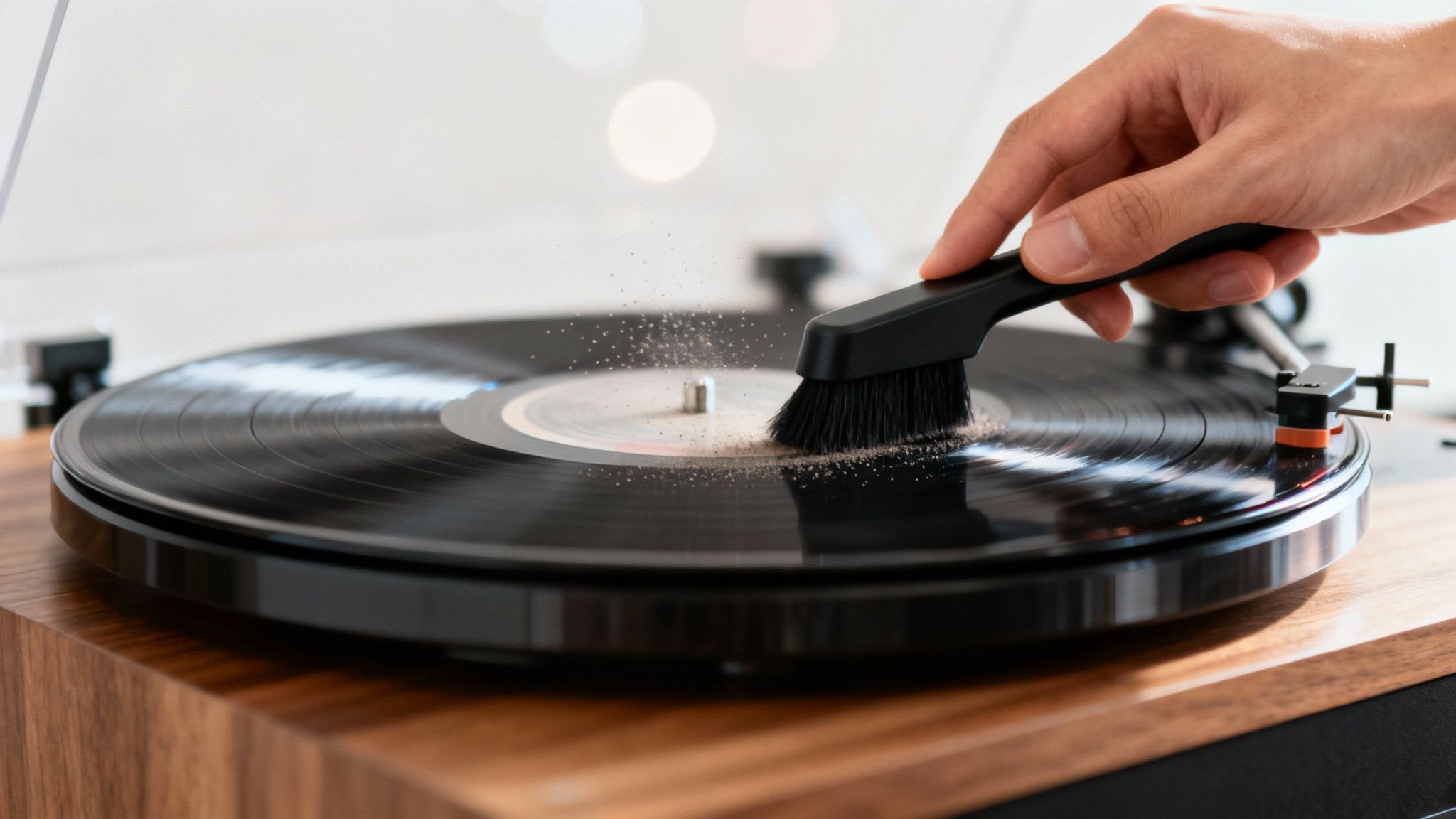 A person's hand uses a black brush to clean dust off a spinning vinyl record on a wooden turntable.