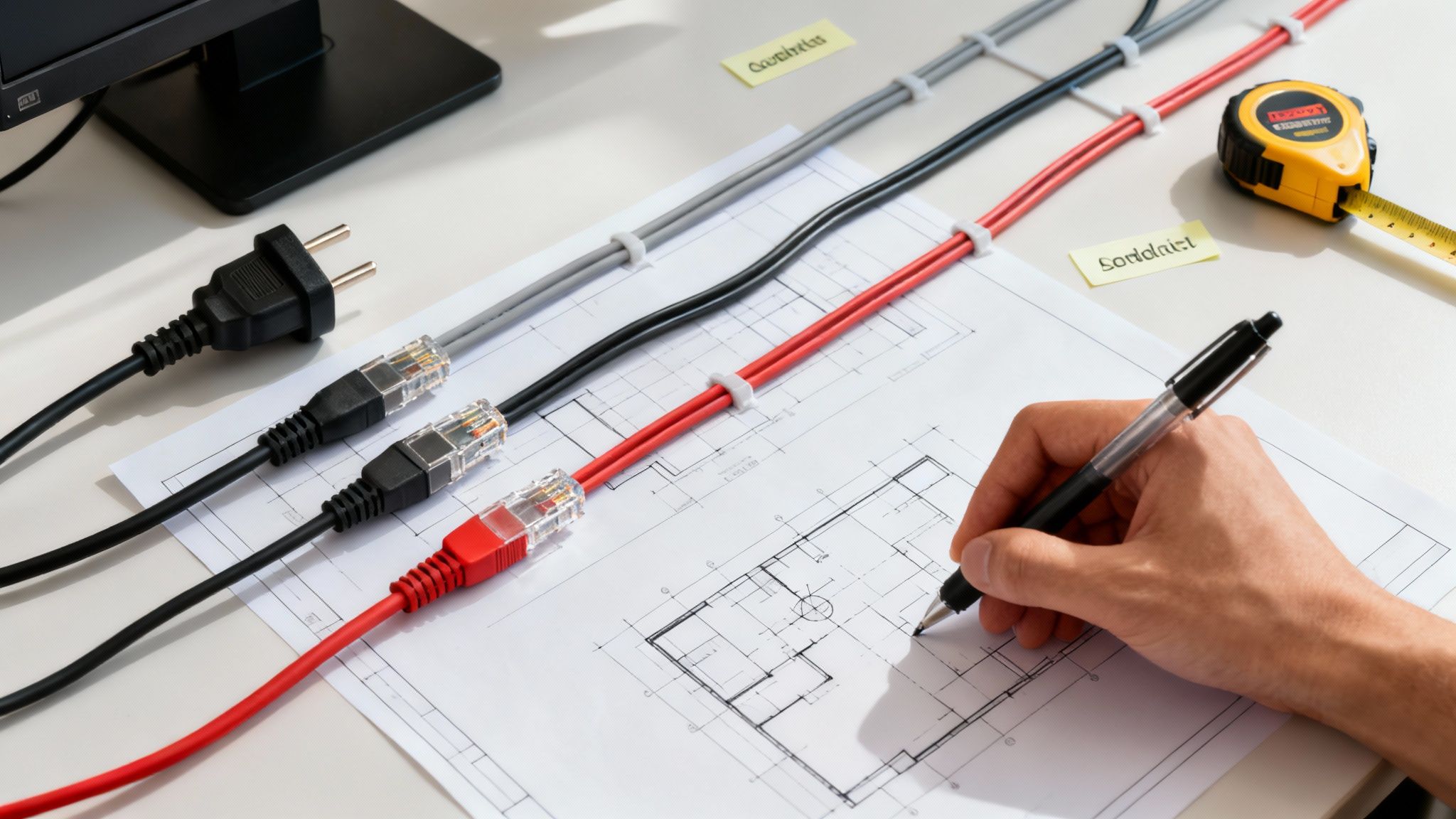 A person's hand drawing on a blueprint with organized cables and a measuring tape on a desk.