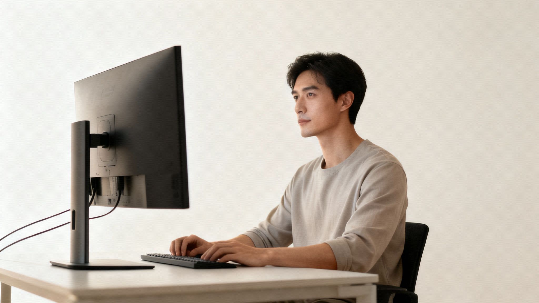 A focused young Asian man working at a computer with proper posture at a white desk.