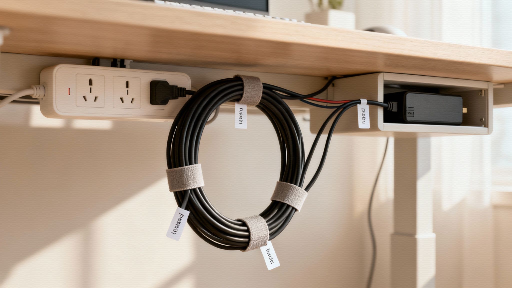 A clean under-desk cable management system featuring a power strip, neatly coiled and labeled cables, and a power brick.