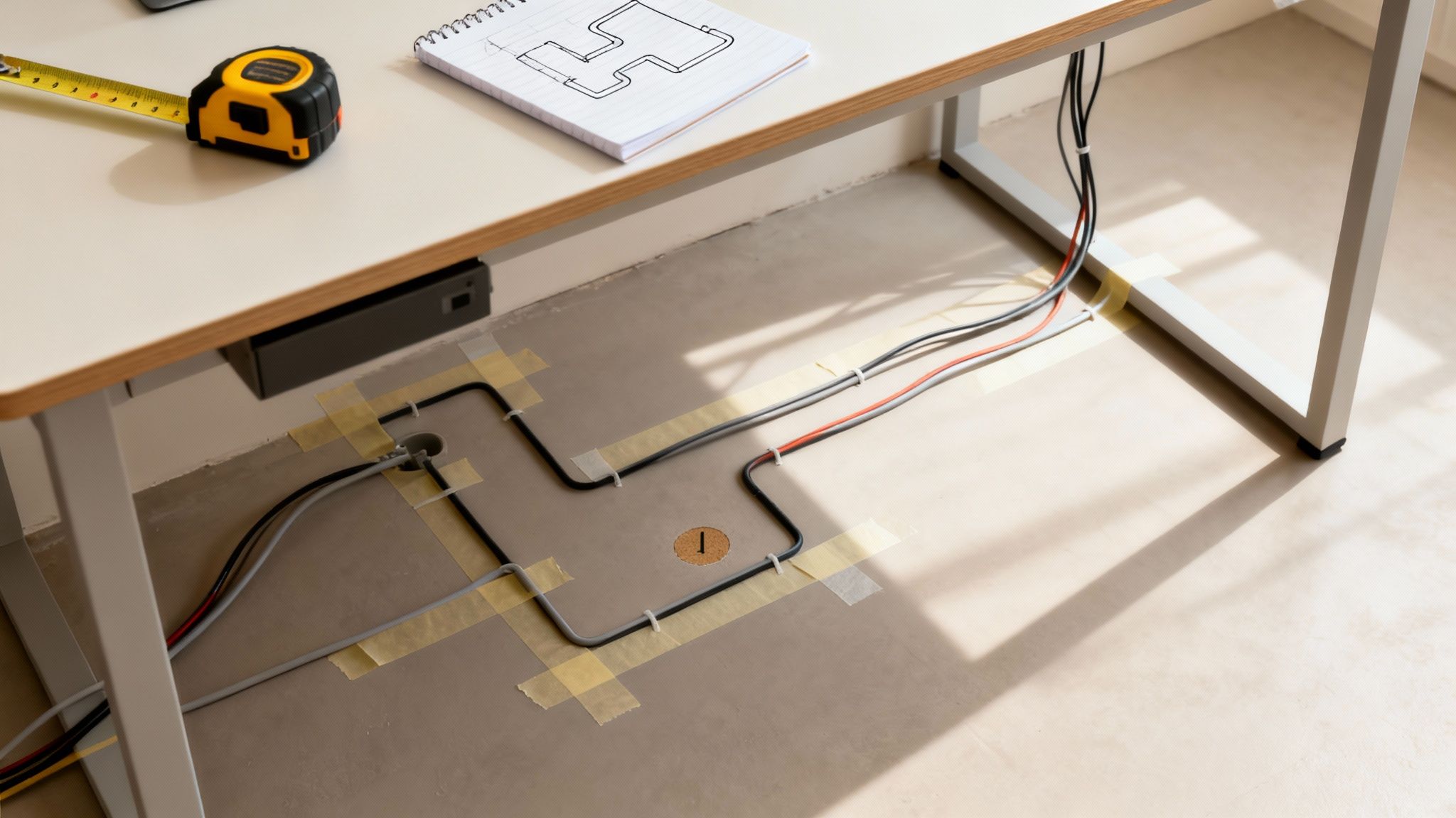Under desk cable management showing organized power and data cables neatly secured to the floor.