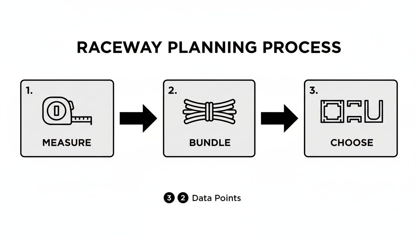 A flowchart detailing the raceway planning process, showing steps to measure, bundle, and choose.