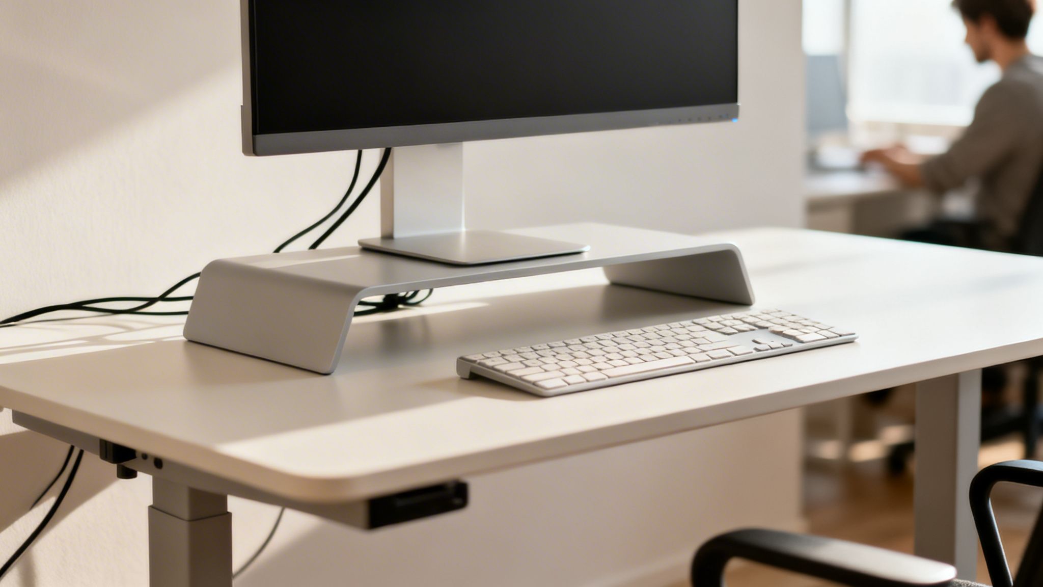 Close-up of a contemporary standing desk with monitor and keyboard in a bright office.