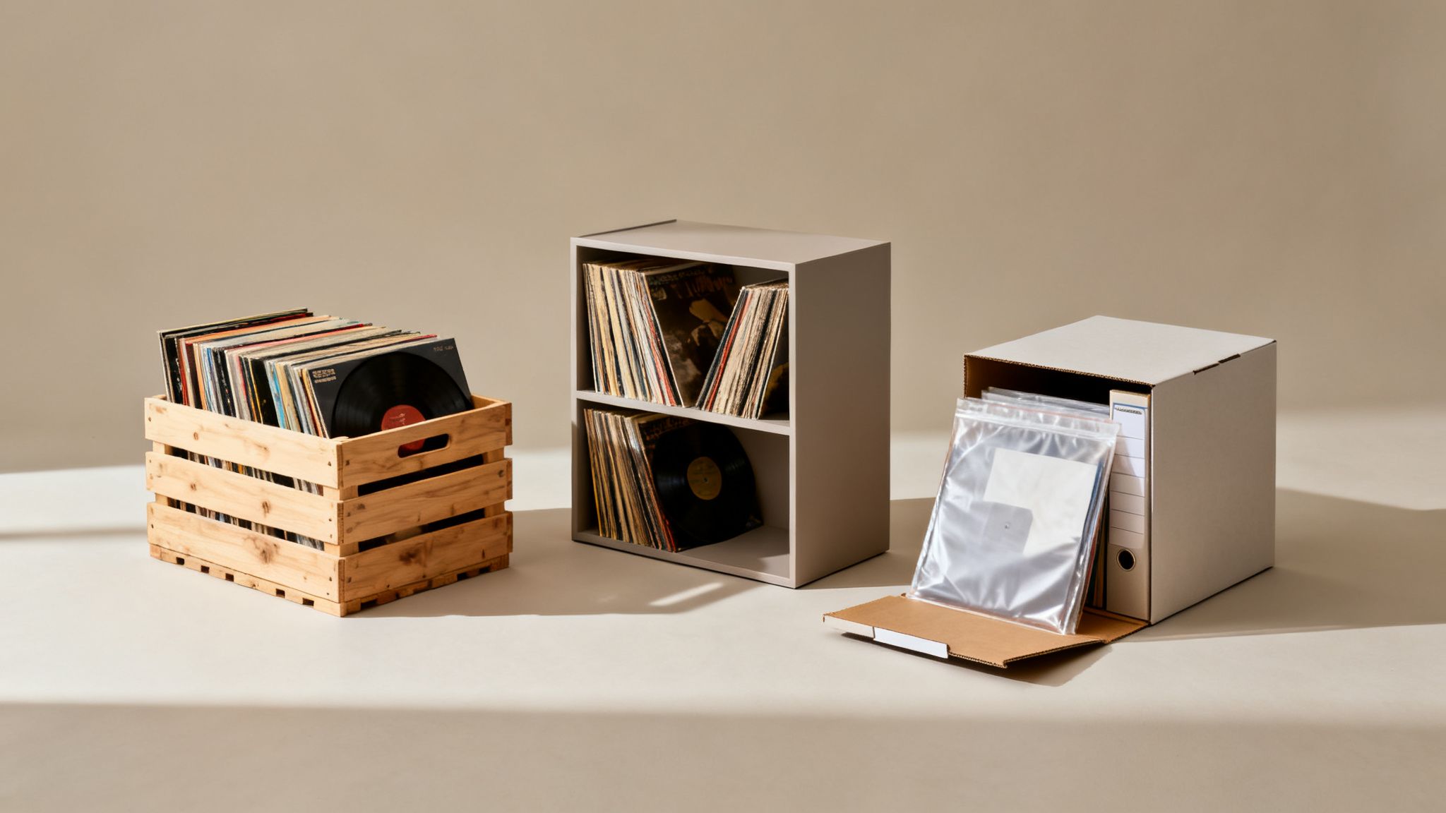 Three distinct storage solutions for vinyl records: a wooden crate, a two-shelf cabinet, and a cardboard box.