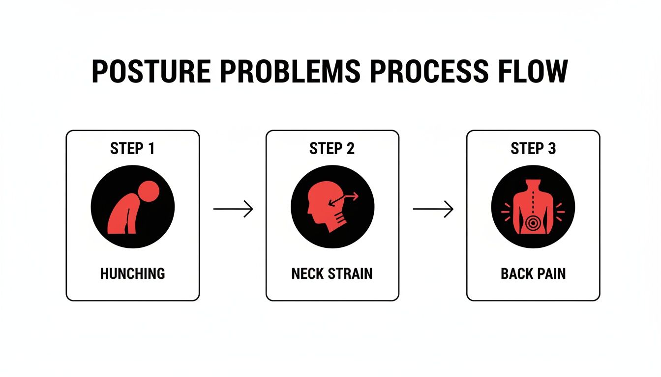A three-step flow chart illustrating posture problems: hunching leads to neck strain, which causes back pain.