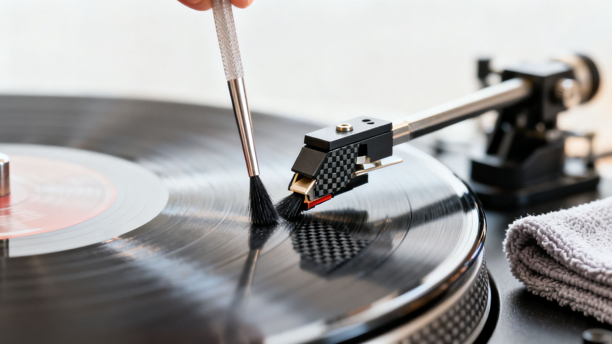 A hand carefully cleans the stylus of a vinyl record player with a small brush.