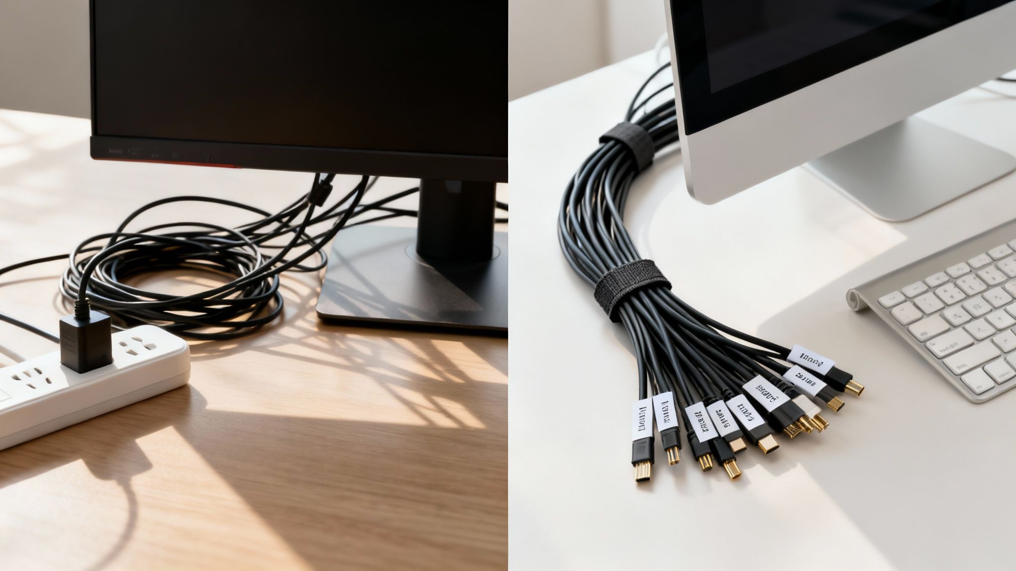 A split image contrasting messy, tangled cables on a wooden desk with neatly organized, labeled cables on a clean white desk.
