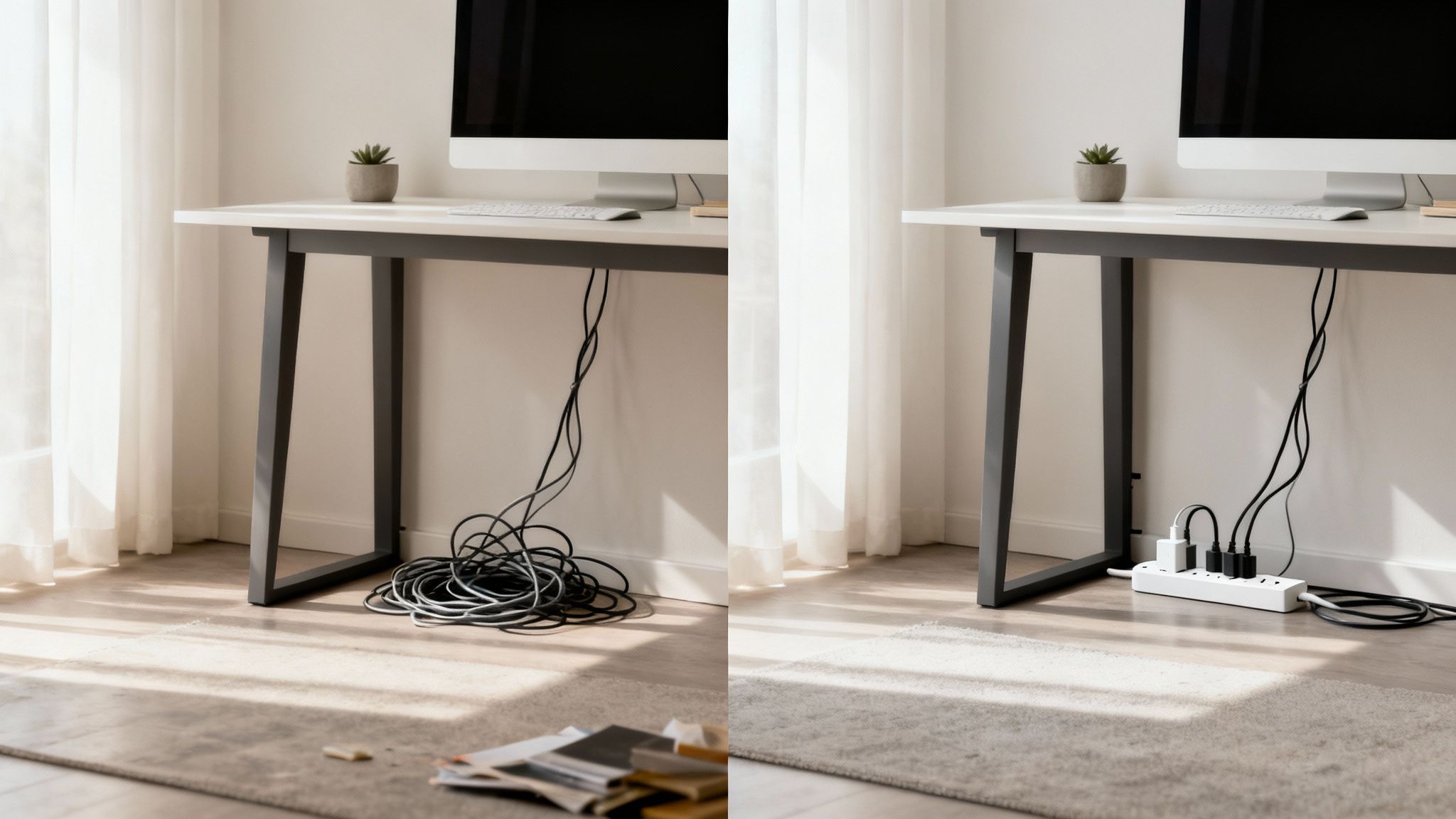 Side-by-side comparison of a desk area, showing messy cables before and an organized power strip with neat cables after.