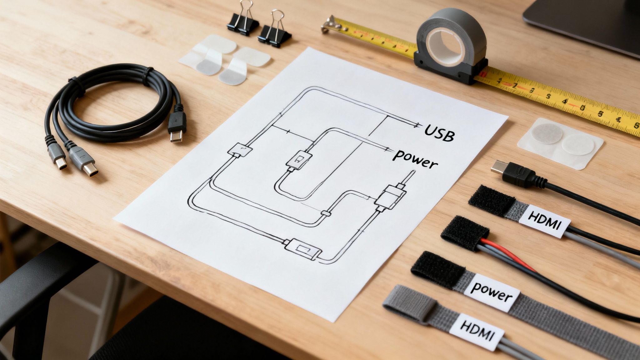 A wooden desk displaying coiled cables, a wiring diagram, measuring tape, and Velcro cable ties.