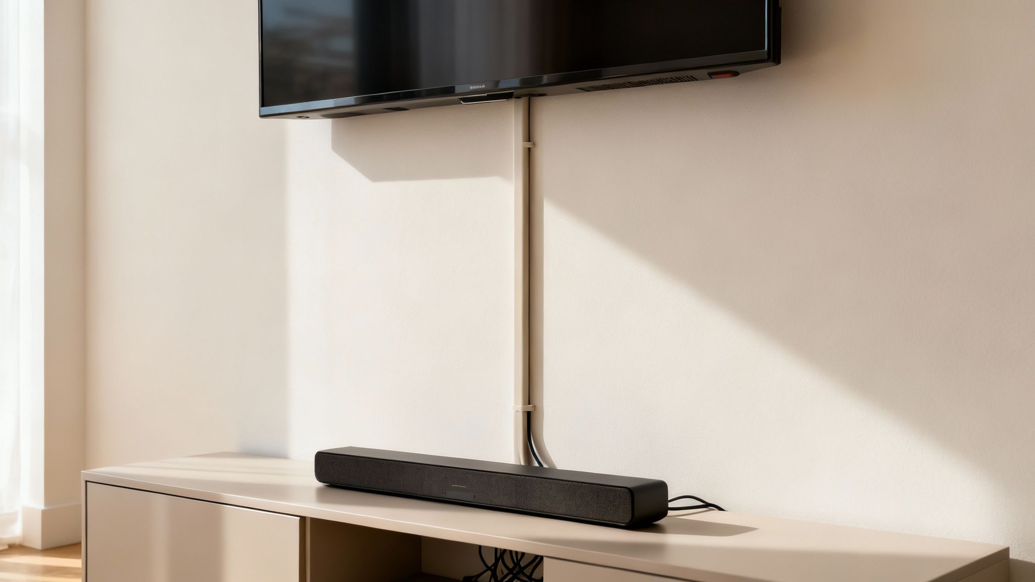 A wall-mounted TV with a soundbar on a modern cabinet, featuring visible cable management conduit.