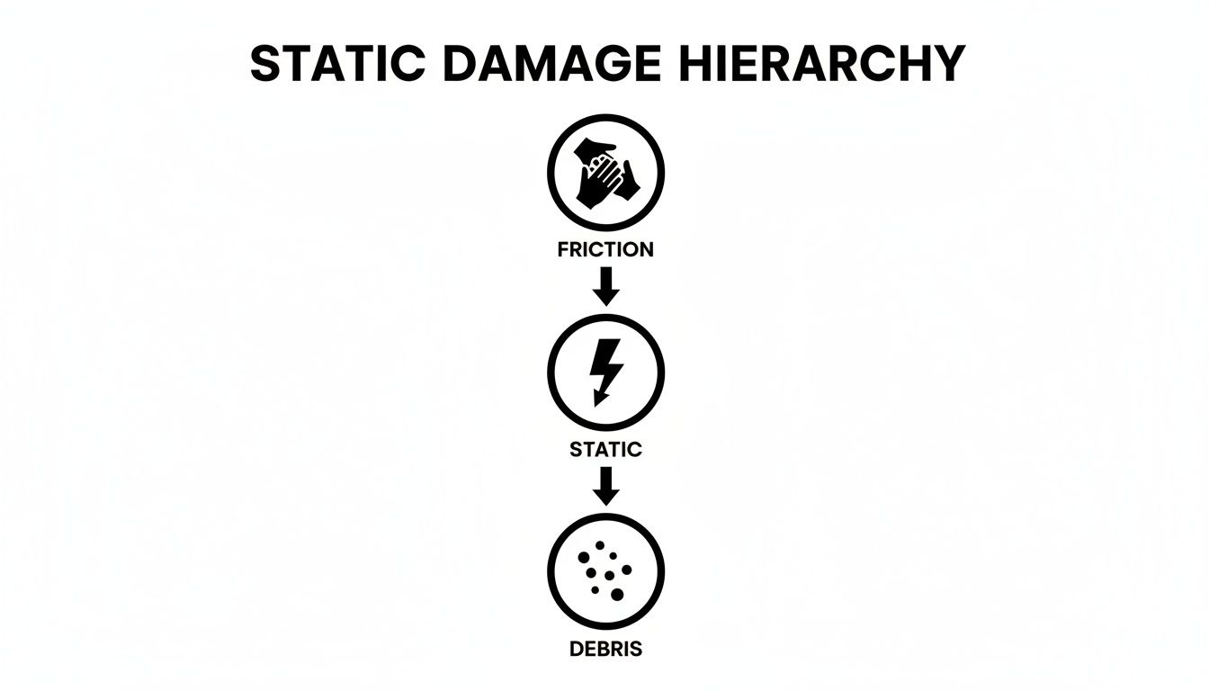 A diagram illustrating the static damage hierarchy: friction, leading to static electricity, then debris.