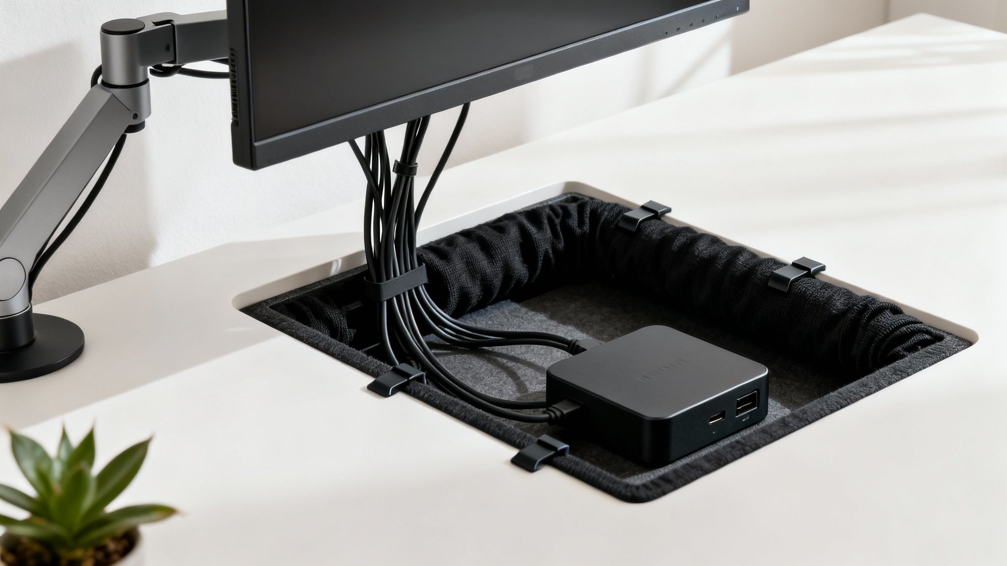 Clean white desk setup with an adjustable monitor arm, organized cables, and a power hub in a cutout.