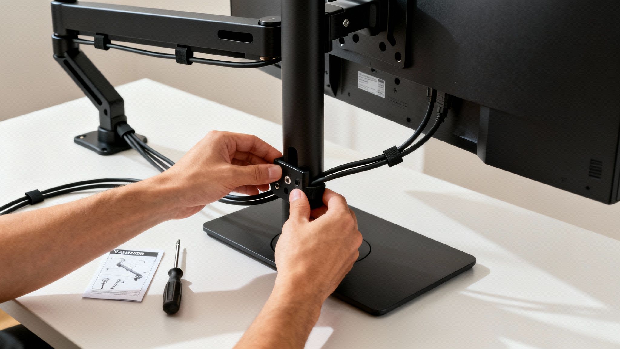 Close-up of hands installing a black computer monitor onto a desk mount, managing cables.