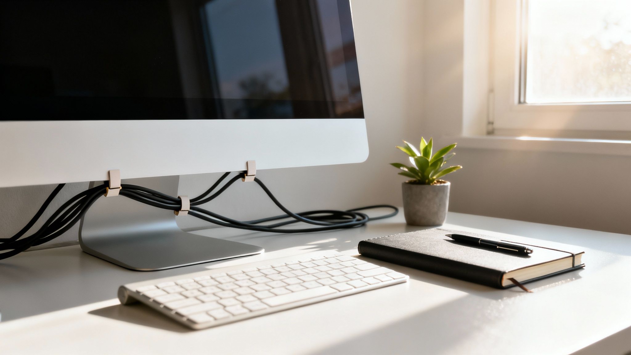 A tidy home office workspace with a computer monitor, keyboard, potted plant, and notebook in bright sunlight.