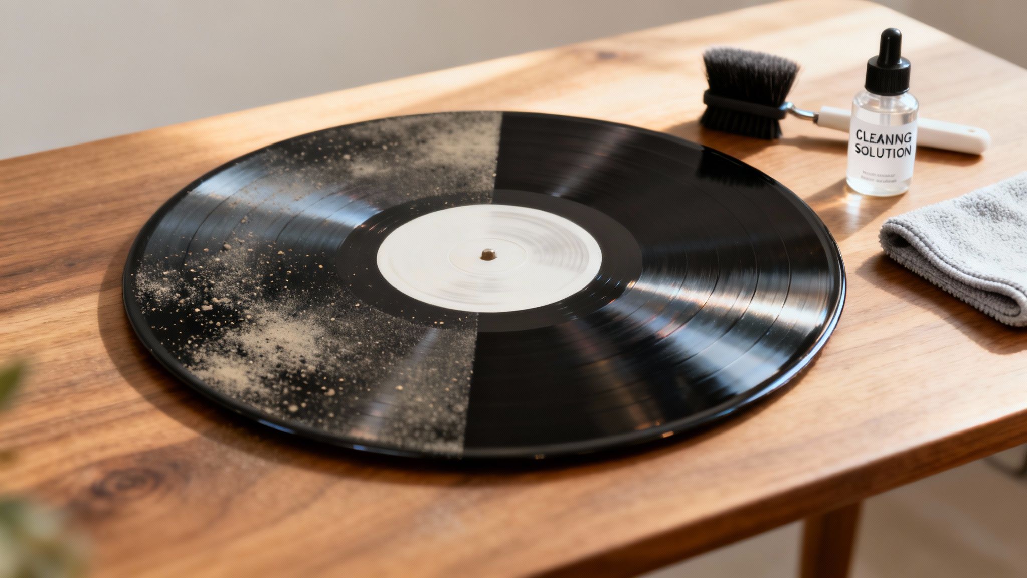 Dusty and clean vinyl record side-by-side with cleaning brush, solution, and cloth on a wooden table.