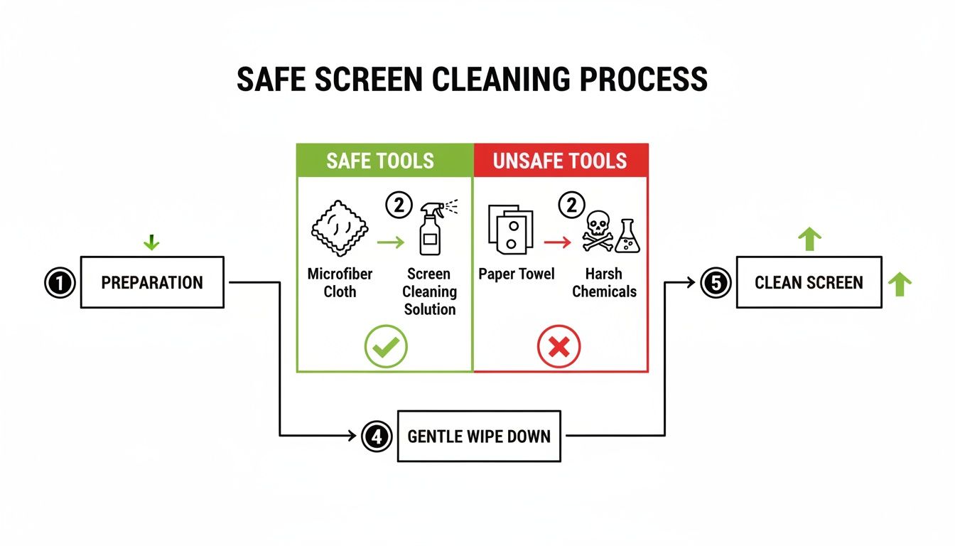 Flowchart illustrating the safe screen cleaning process, detailing safe vs. unsafe tools and steps.
