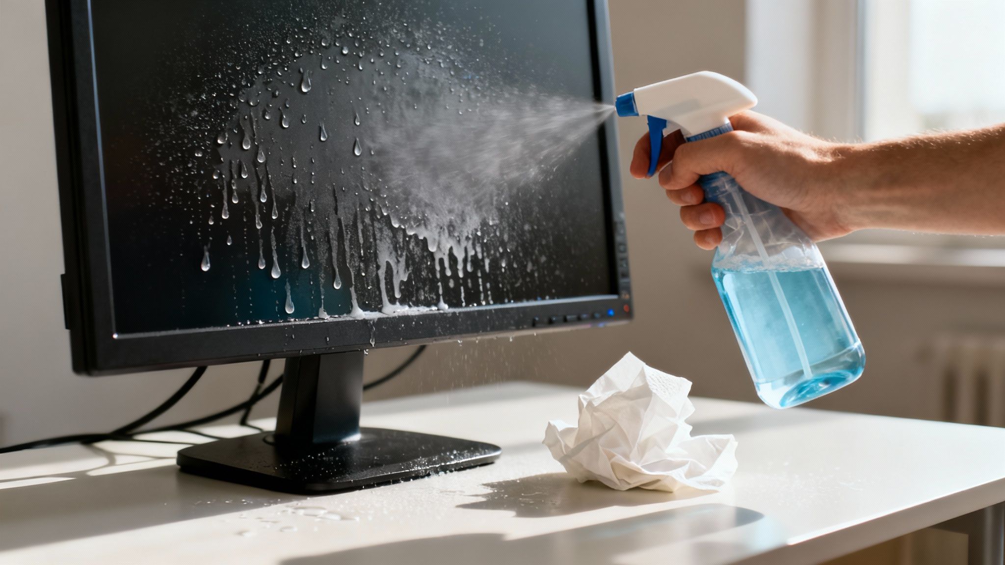 A person's hand sprays cleaning solution onto a computer monitor screen, with droplets visible.