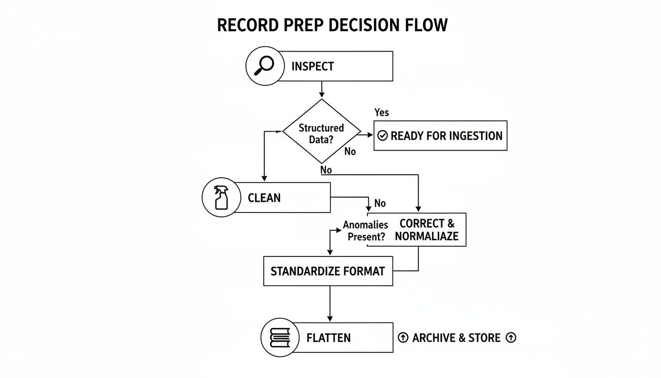 Flowchart illustrating the record preparation decision process, including inspection, cleaning, and formatting steps.