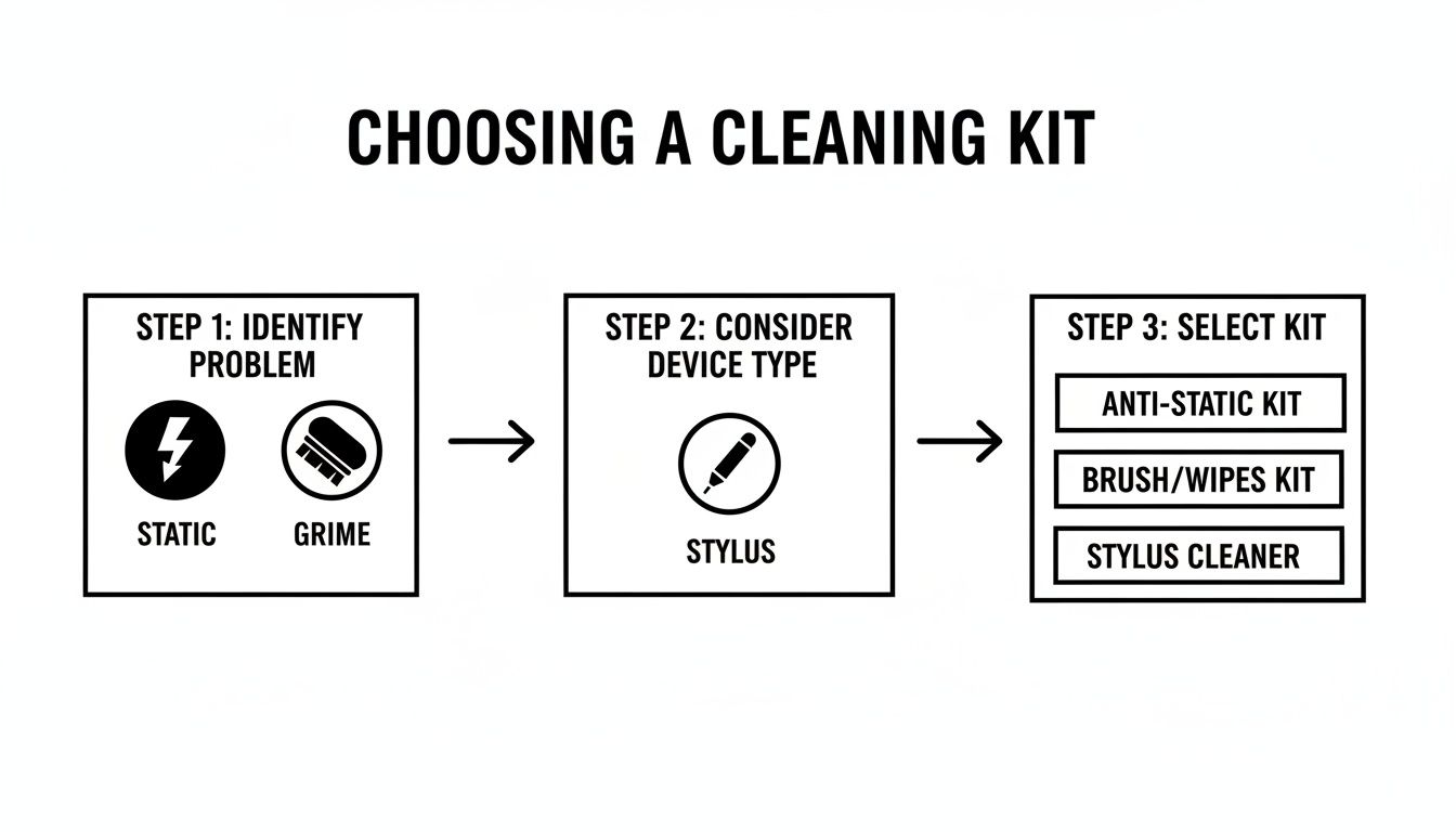 A flowchart explaining how to choose a cleaning kit by identifying problems like static or grime and selecting kits.