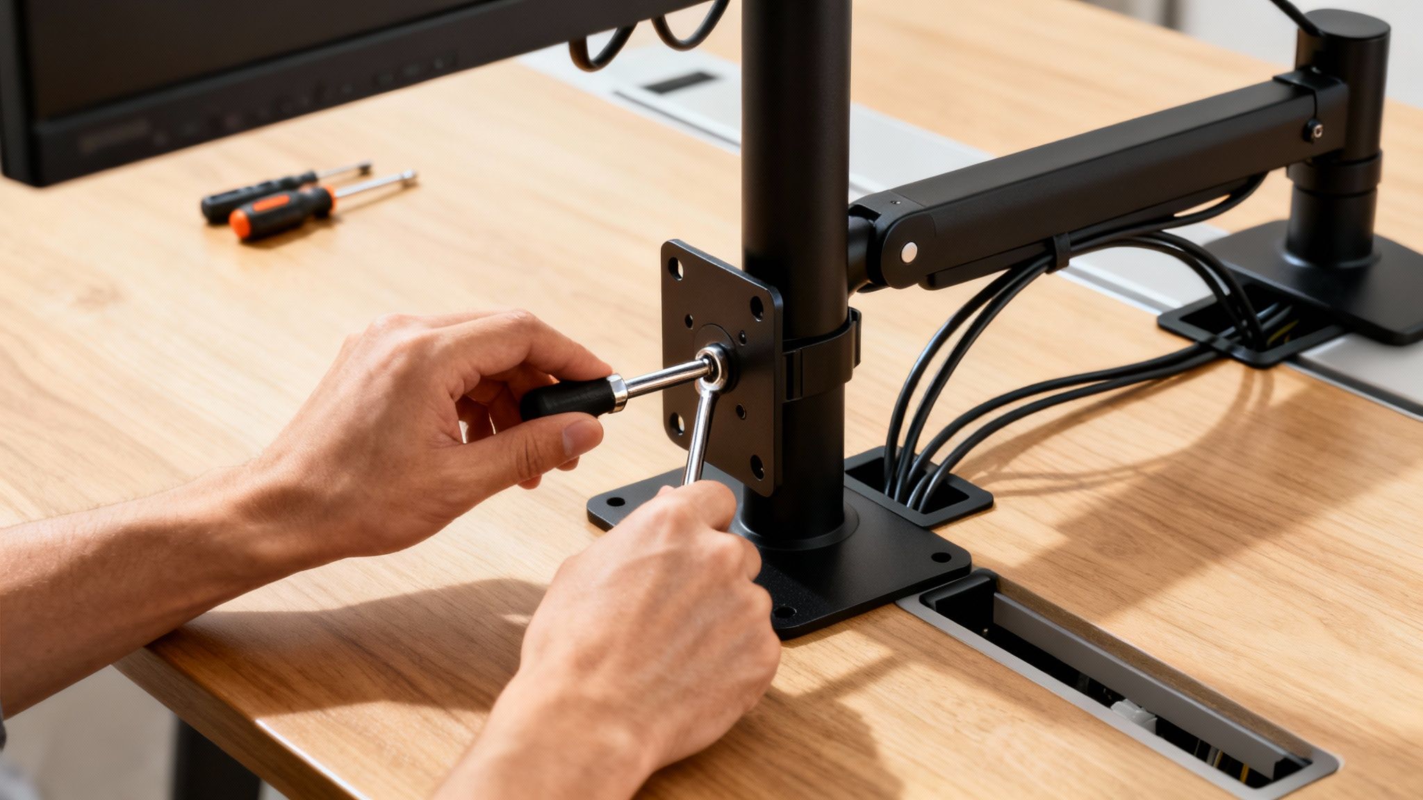 A person is tightening a bolt on a black monitor mounting bracket using a ratchet wrench on a wooden desk.