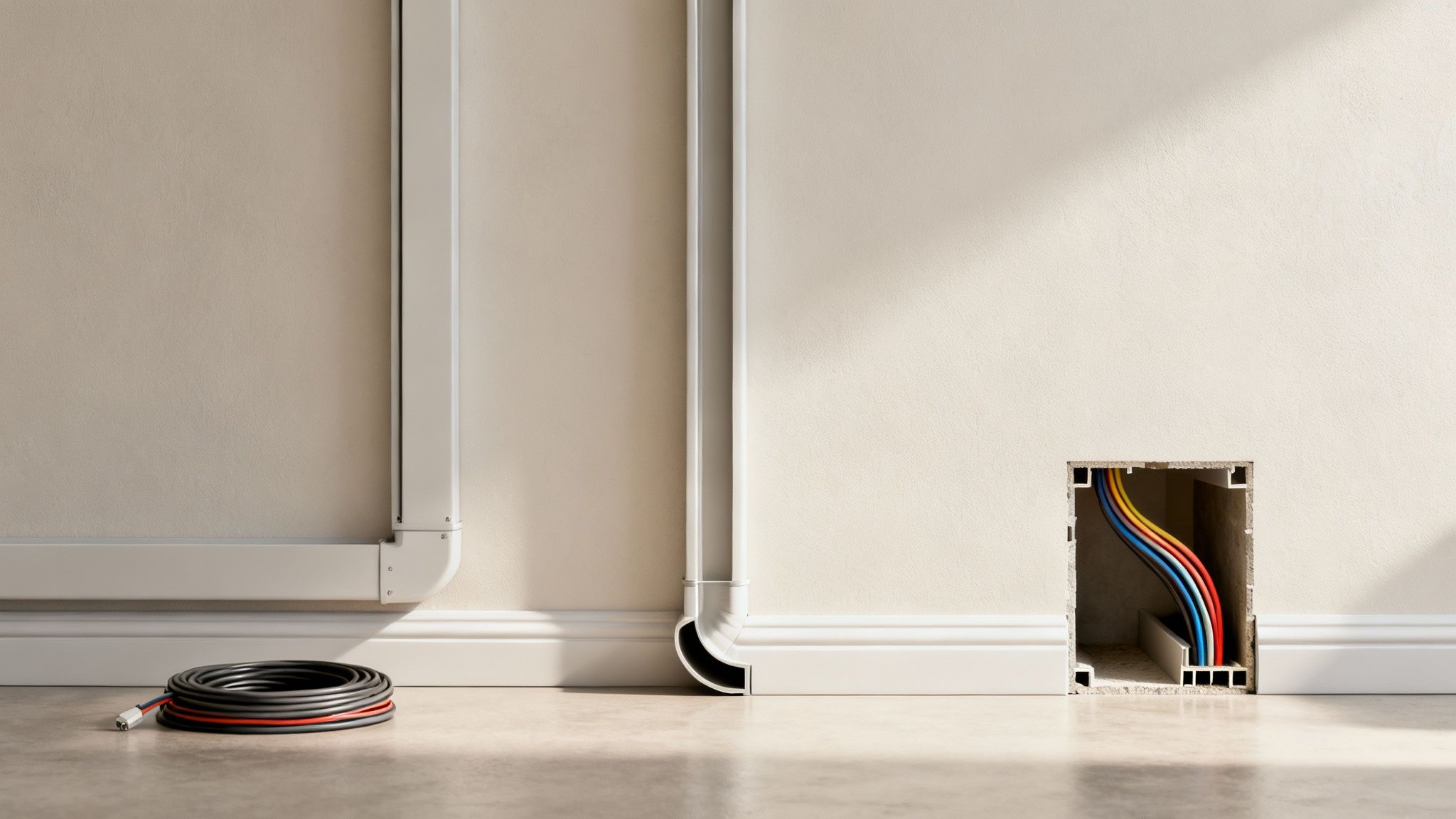 A beige wall showing exposed colored electrical wires in a cutout, alongside cable raceways and a coiled cord.