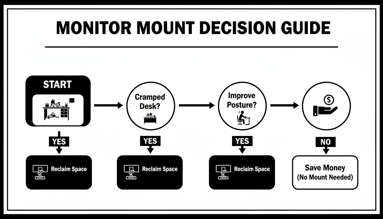 Flowchart outlining decisions for monitor mounts, considering cramped desk space, posture improvement, and cost savings.