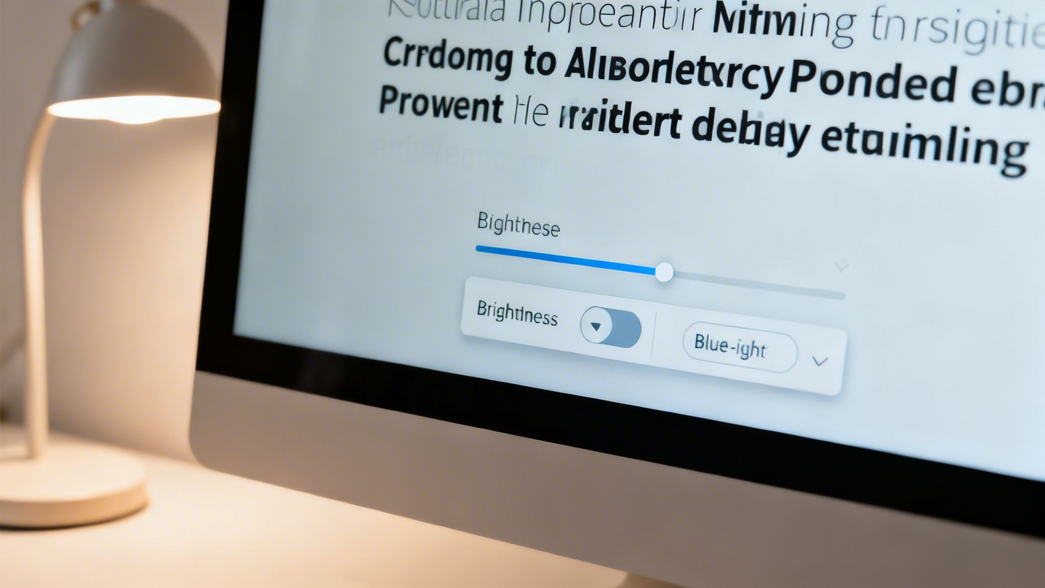 A computer monitor displaying screen brightness and blue light settings with a desk lamp nearby.