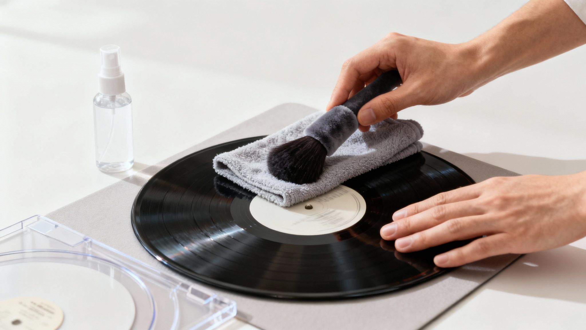 Hands cleaning a black vinyl record with a brush and cloth, a spray bottle nearby.