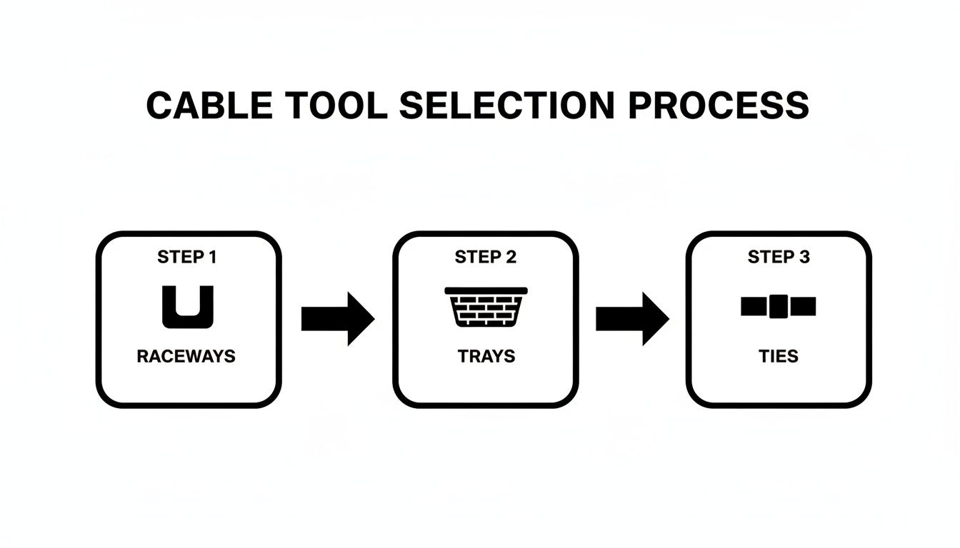 Flowchart illustrating the cable tool selection process with three steps: Raceways, Trays, and Ties.