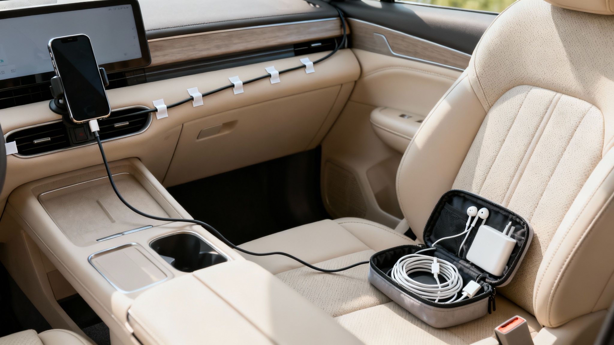Car interior with smartphone charging, cable neatly organized across dashboard, and accessory pouch on passenger seat.