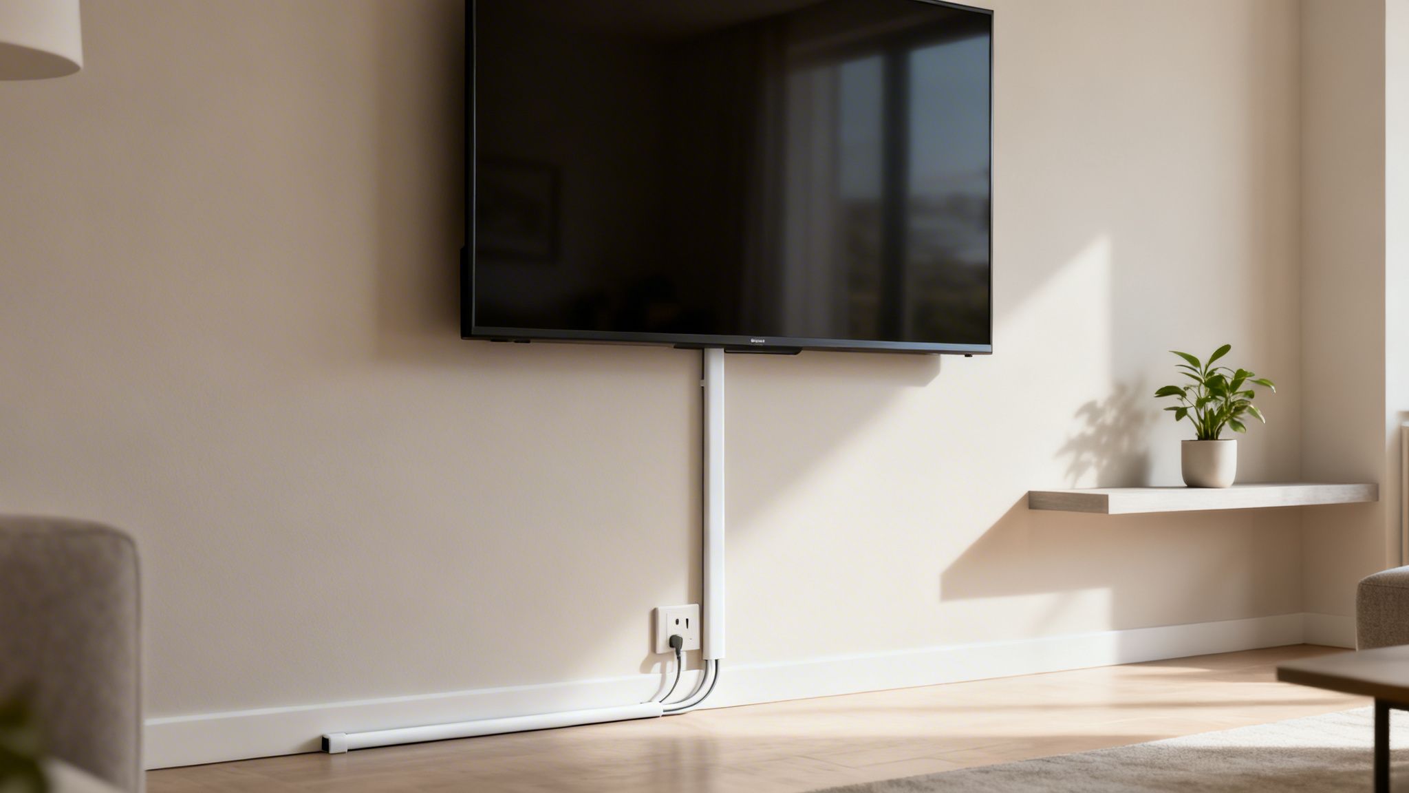 A wall-mounted TV in a modern living room, with a white cable raceway neatly concealing wires to an outlet.
