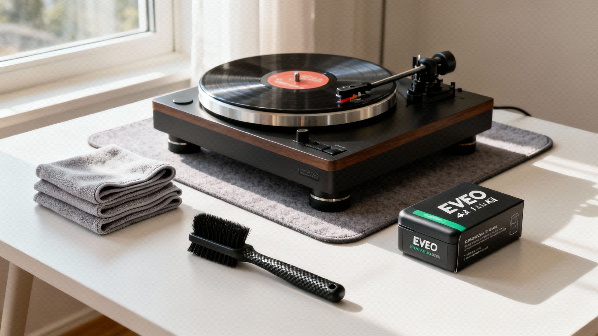 Turntable with a vinyl record and cleaning accessories like cloths and a brush on a table.