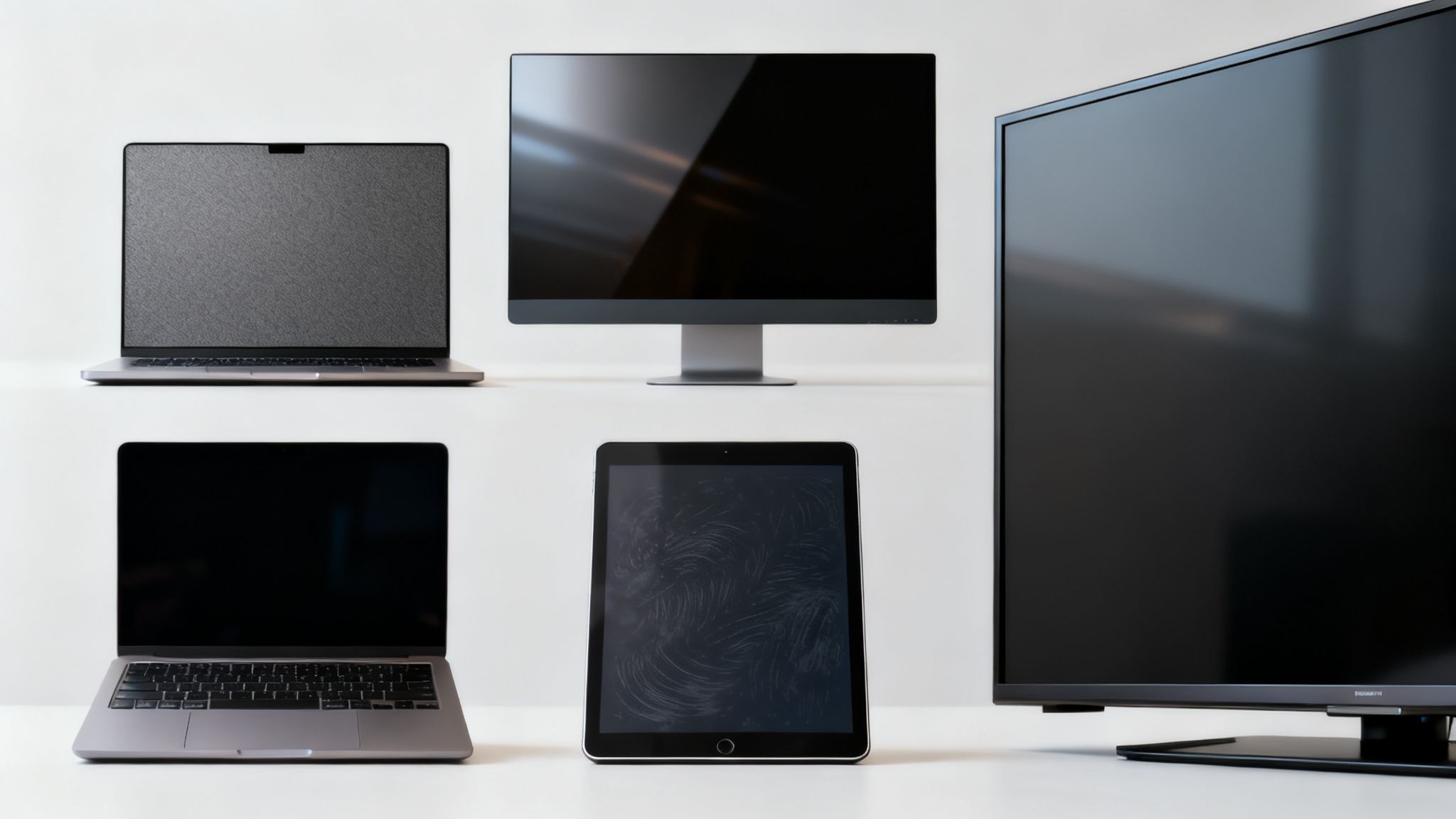 A collection of various blank electronic screens including laptops, a monitor, a tablet, and a TV.